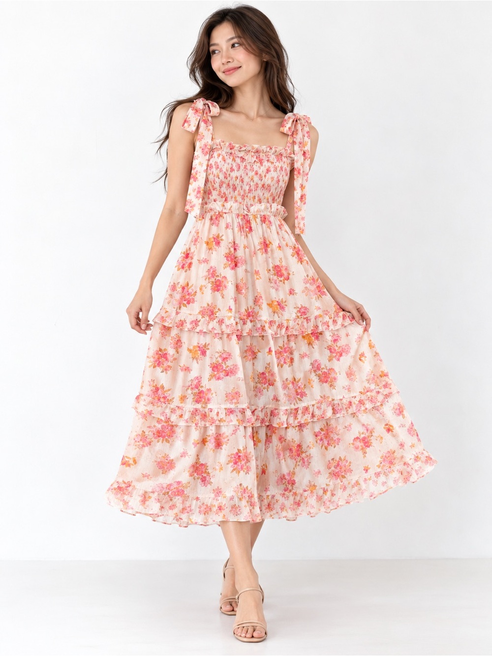 Easel Pink Floral Tie-Shoulder Smocked Tiered Midi Dress